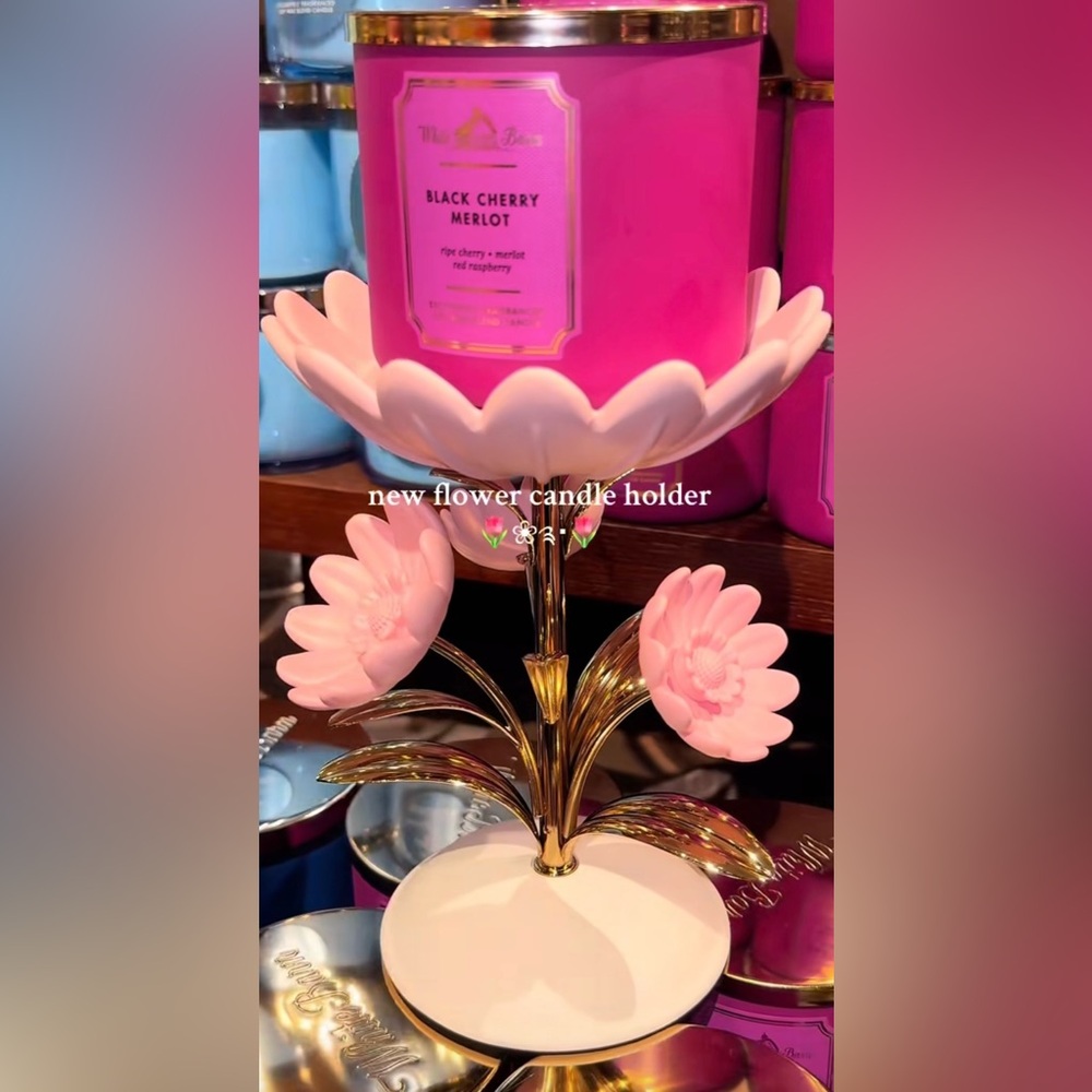 LQQK! New! Bath & Body Works Metal Pink Flower 3-Wick Pedestal/Holder
